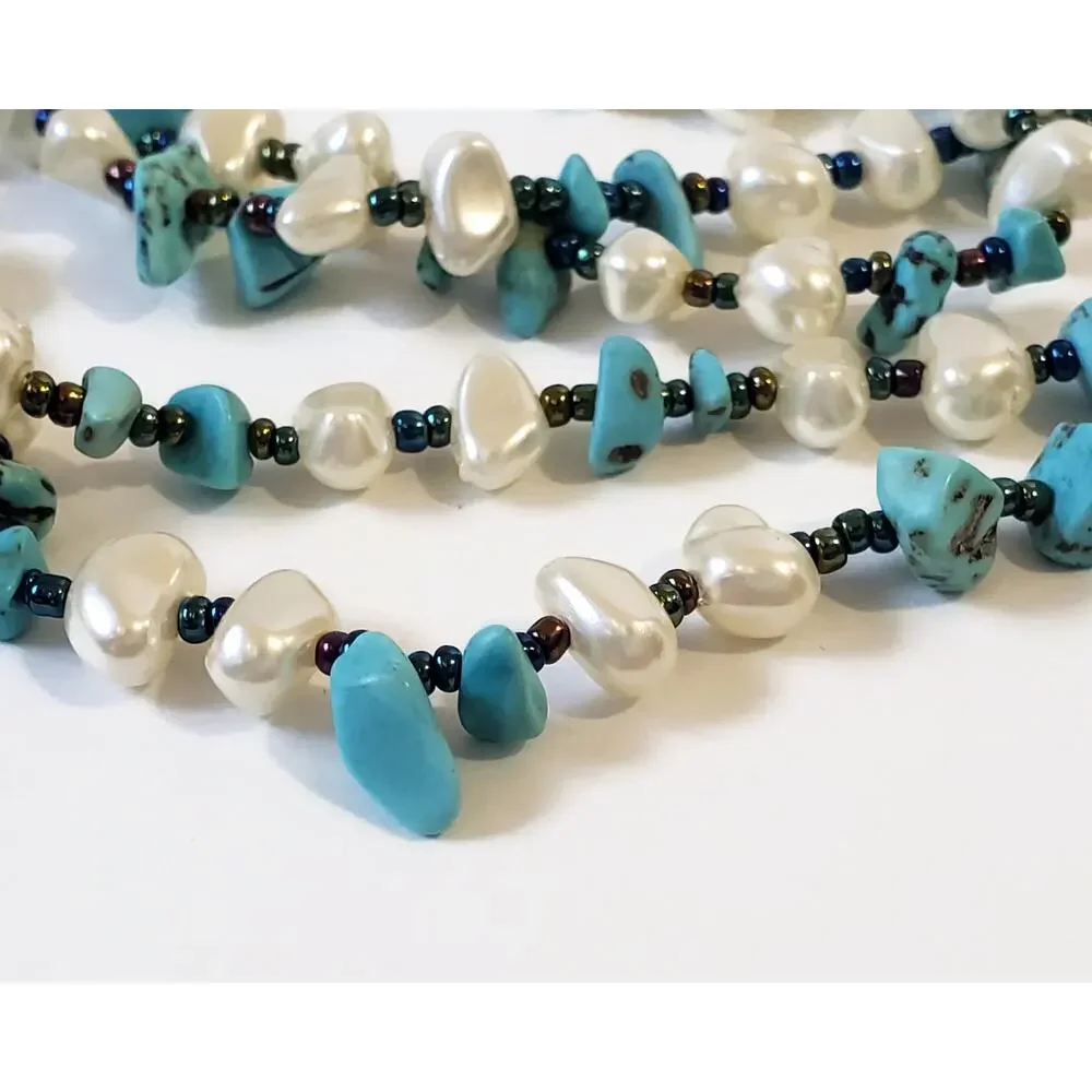 Freshwater Pearl And Turquoise Chip Boho Necklace No Clasp 60